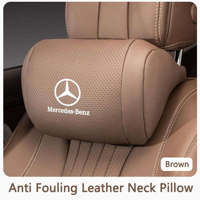 PZQ2 Napa Leather Car Headrest Auto Logo Seat Neck Pillow Head Support Breathable For Mercedes Benz AMG W205 W168 W213 W210 W222 CLK