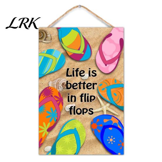 Wooden Sign for Patio Summer Beach Hanging Sign, Double?Sided Flip?Flop Wall Plaque with Rope, Coastal Holiday Home Porch Door Decor House