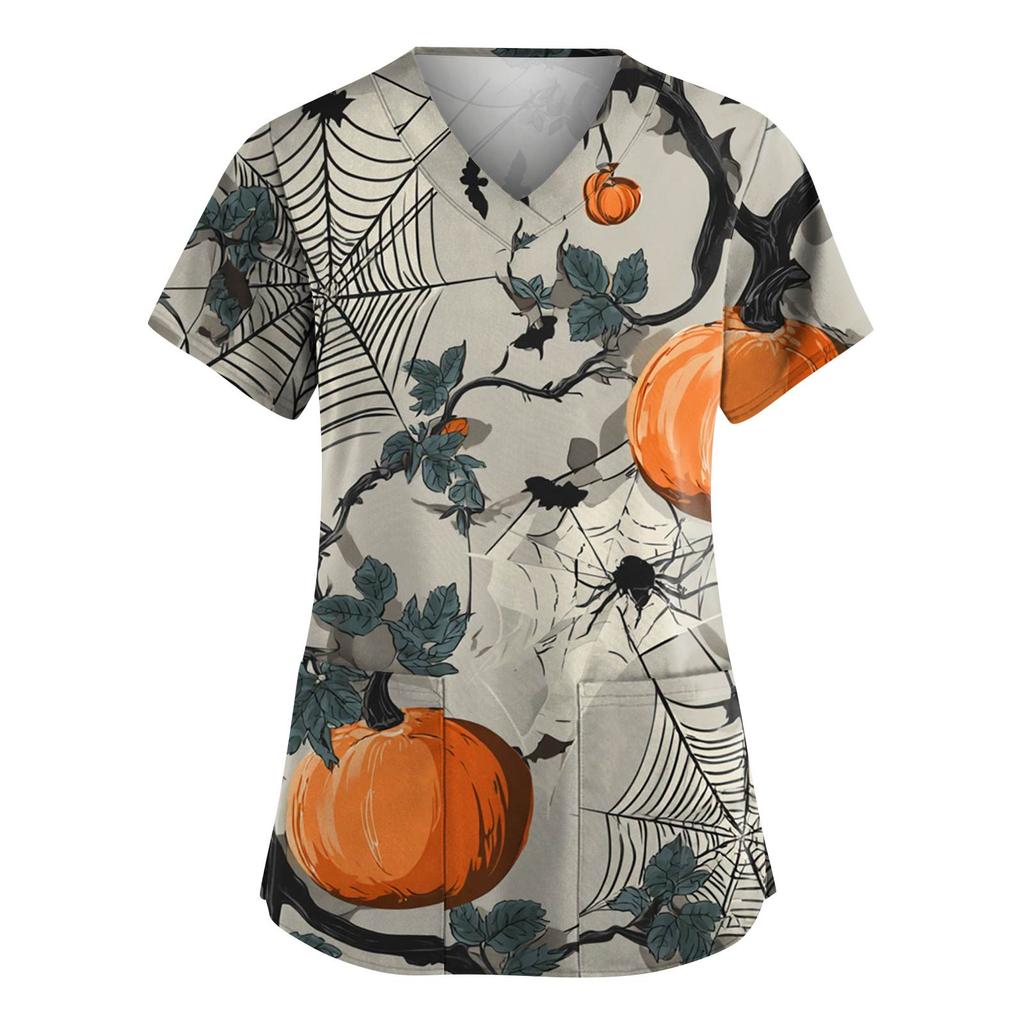 Women's Fashion V-Neck Short Sleeve Overalls With Pockets Halloween Printed Tops  Apparel