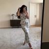  European and American Amazon women's clothing new French floral shoulder slim top + hip slim dress set