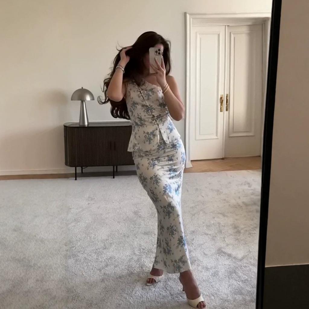 European and American Amazon women's clothing new French floral shoulder slim top + hip slim dress set