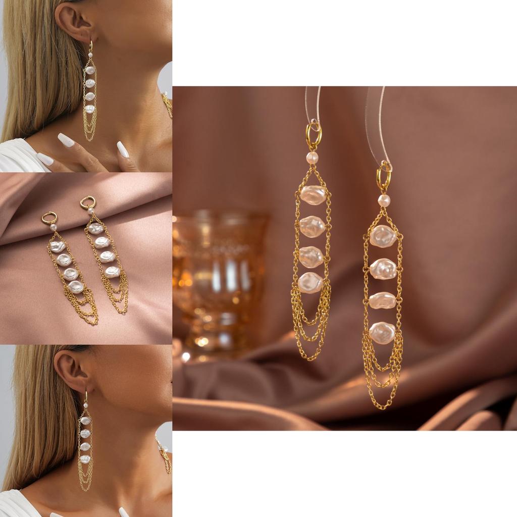 Sophisticated Faux Pearl Drop Earrings For Women Irregular Design With Chain Tassels