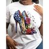 European Size Floral HighHeel Shoe Print TShirt | SemiSheer Round Neck Short Sleeve Top with CrystalAdorned Heel Design, Casual To Formal Outfits