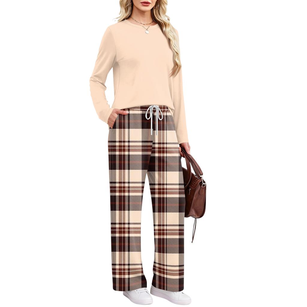 Set Pigiama Casual da Donna con Tasche Manica Lunga Stampato Girocollo Vestibilità Larga Abbigliamento per la Casa