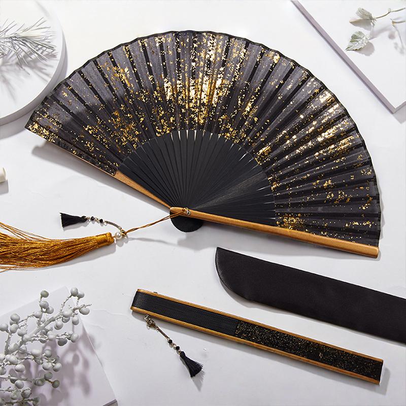 Black Folding Fan Imitation Silk Fabric Graft Fan Baking Lacquer Fan Classical Fan Hand Fans Weddings Chinese Luxury Gliding Fan