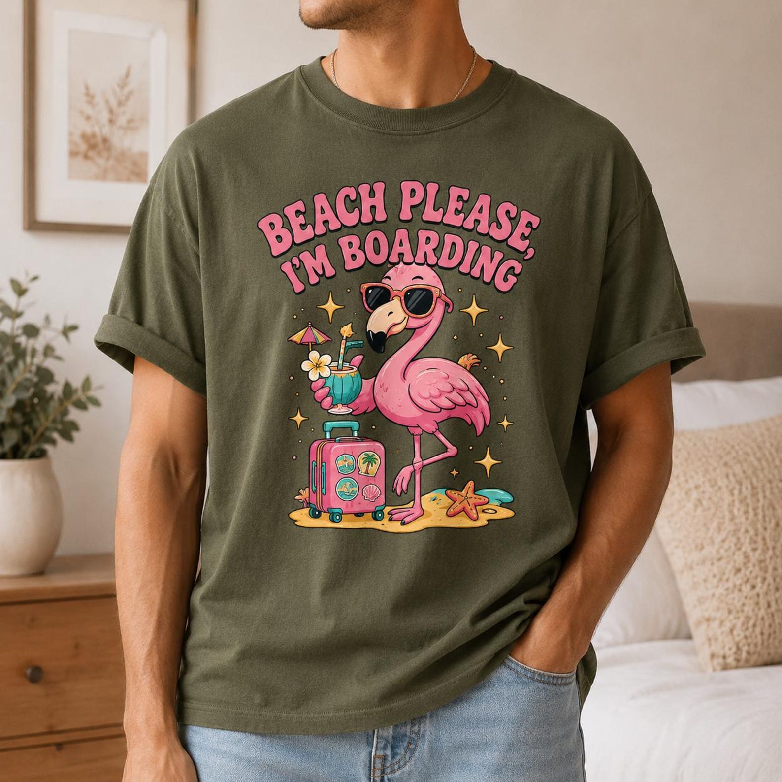 Flamingo Vacation T-Shirt, Beach Please I m Boarding Tee, Tropical Summer Shirt S