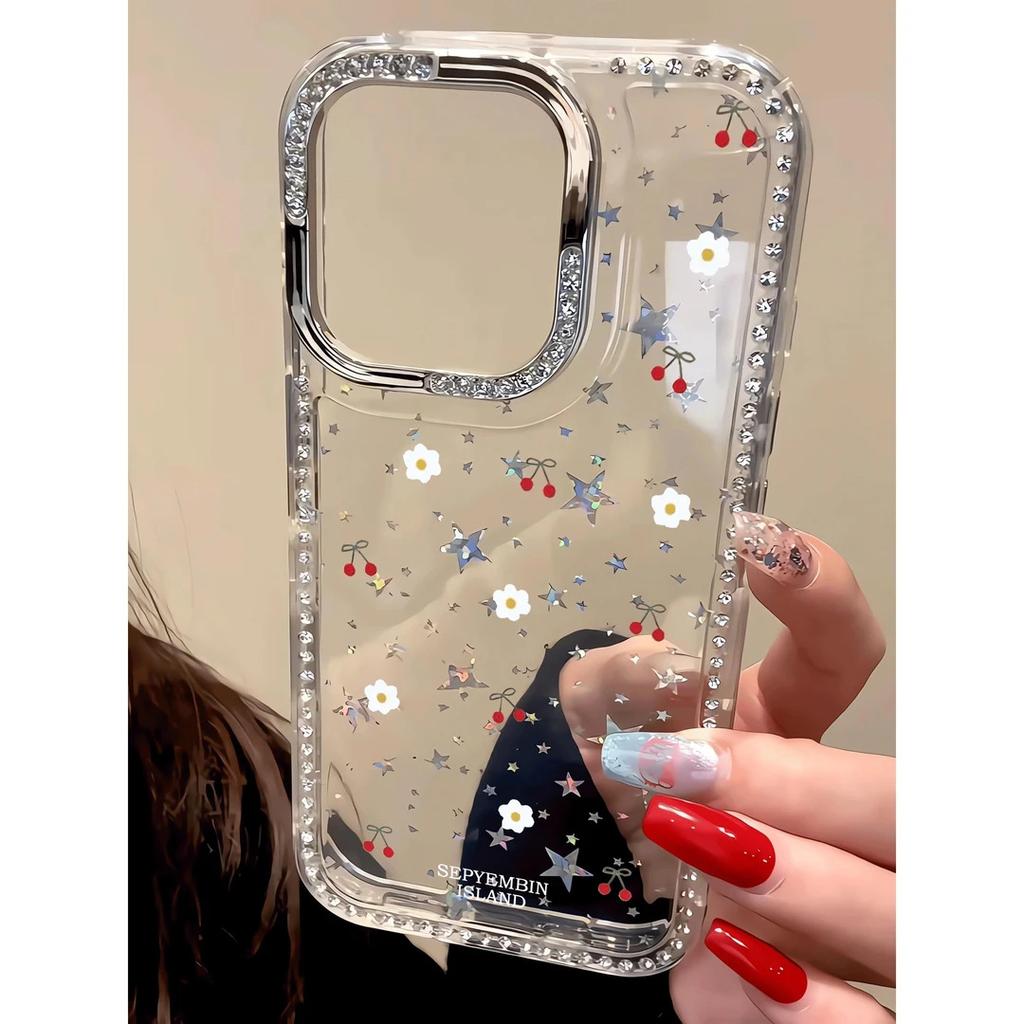 White Flower Cherry Applicable to IPhone Apple 17 Mobile Phone Case 15/16Pro Flash Diamond Star 13 Premium 14 Women 12