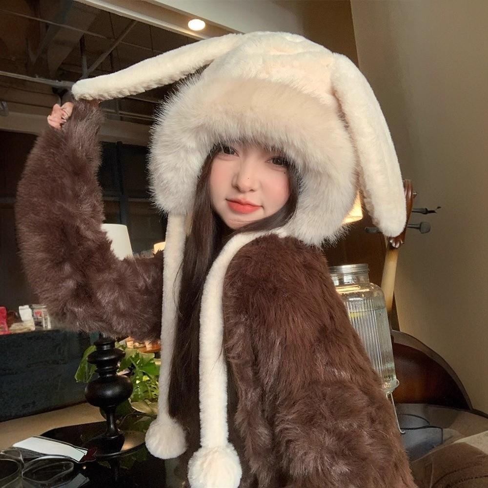 New Warm Winter Hat Ear Protection Velvet Bear Ears Hat Antlers Rabbit Ear Woolen Bucket Hat Women