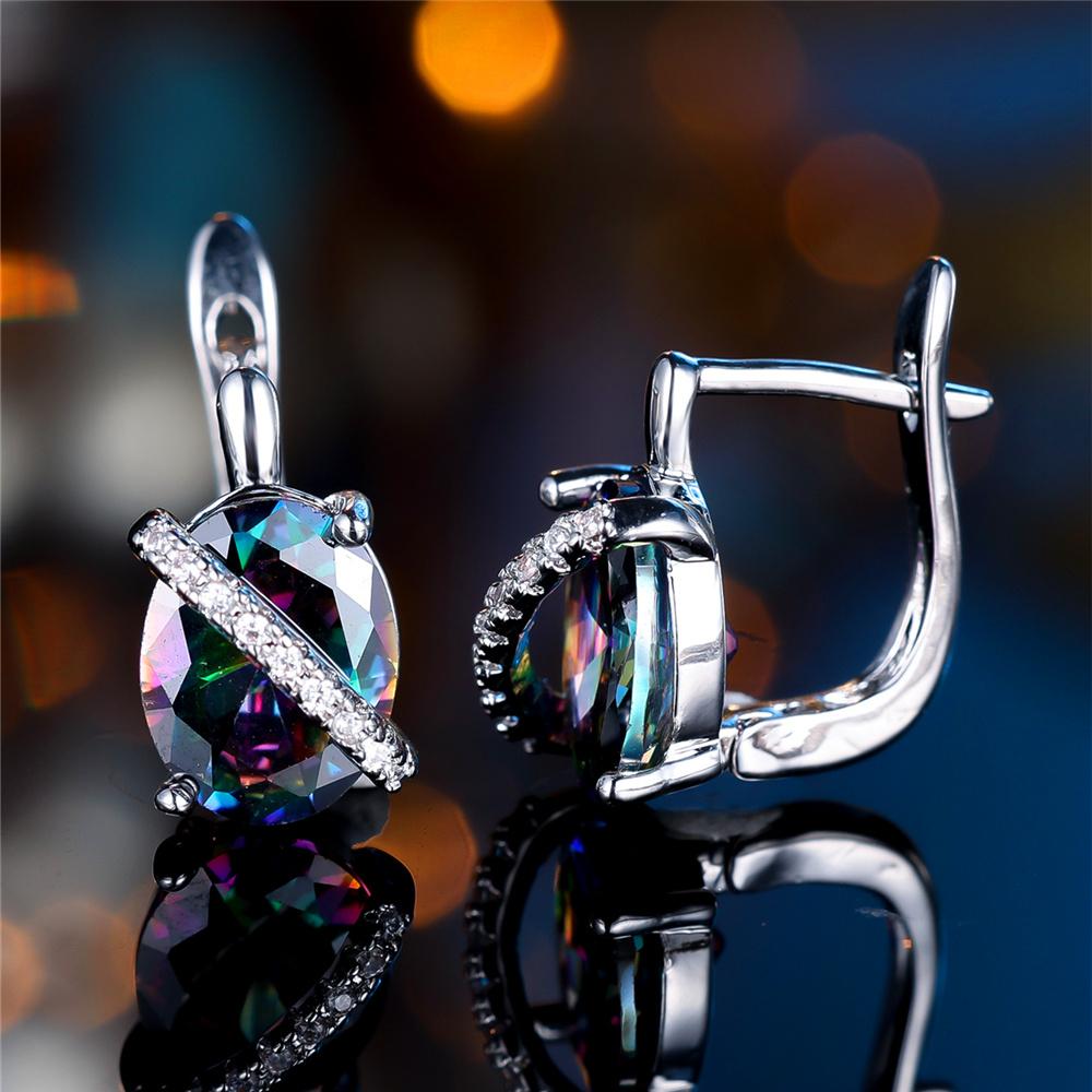 Cute Female Rainbow Zircon Stone Oval Hoop Earrings  Female Silver Color Wedding Jewelry For Women