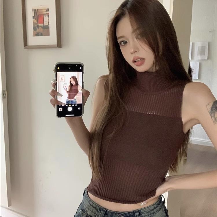 Vară Picant Gât Înalt Fără Mâneci Tricotat Crop Top Cămașă de corp - Articol de îmbrăcăminte exterioară scurtă decupată pentru femei