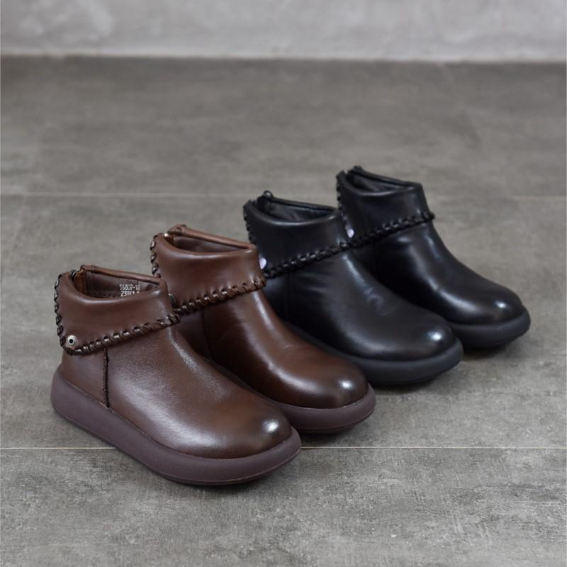 Johnature Turned-over Edge Plush Warm Cotton Shoes Genuine Leather Anti Slip Women's Ankle Boots