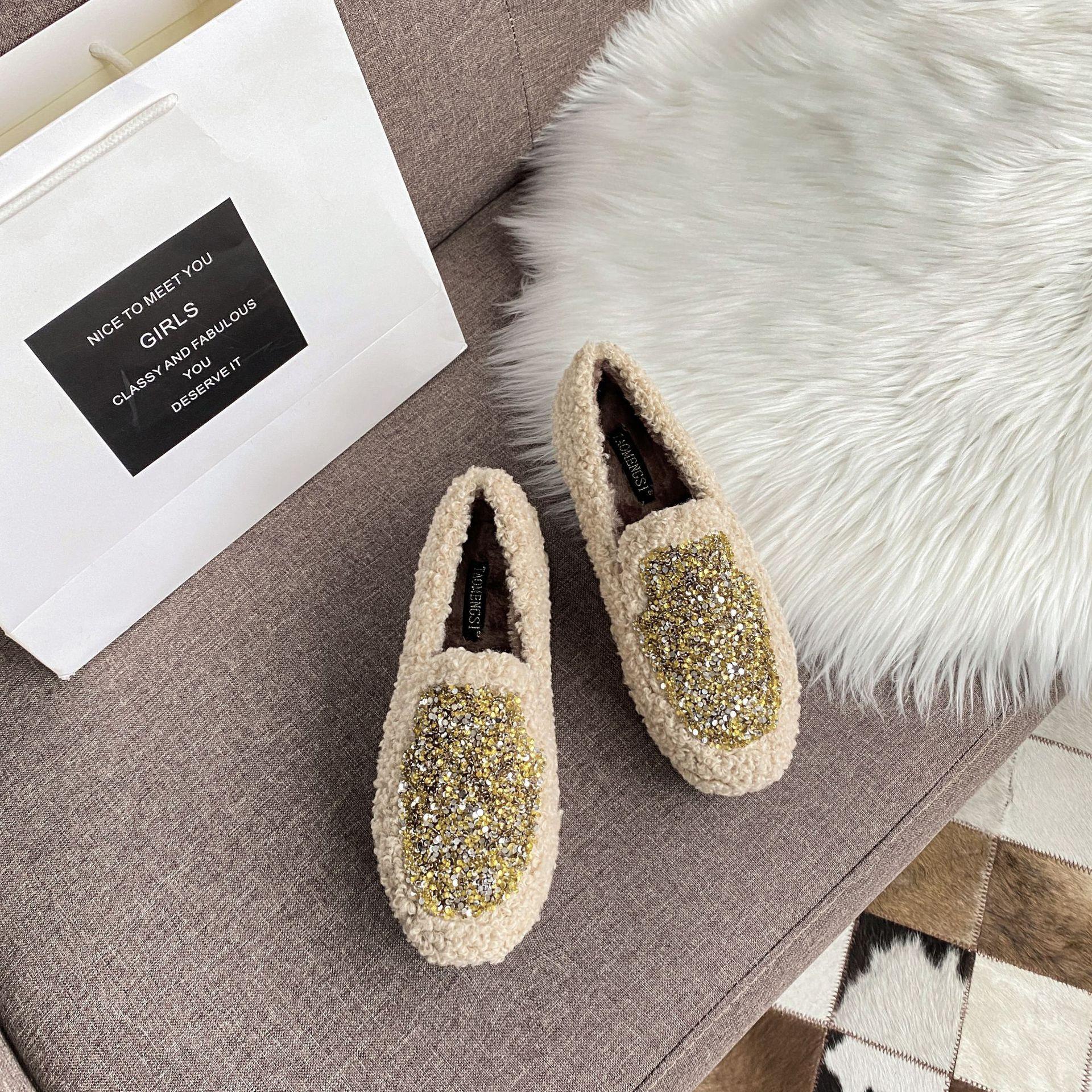 

2024 г. Туфли на плоской подошве из овечьего меха женские, блестящие мокасины из овечьей шерсти, мокасины из флиса, мохнатые мокасины, плюшевые зимние туфли для женщин, большой размер 34-43 4.5 хаки