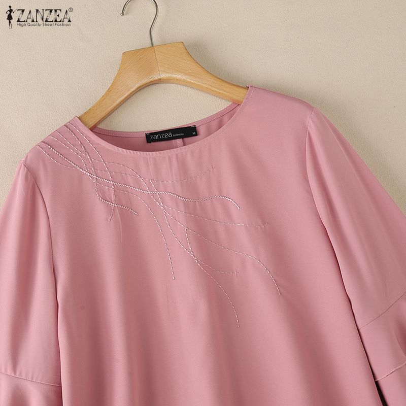 ZANZEA Women Casual Round Neck 3/4 Sleeve Embroidery Print Loose Blouse Ruffles 