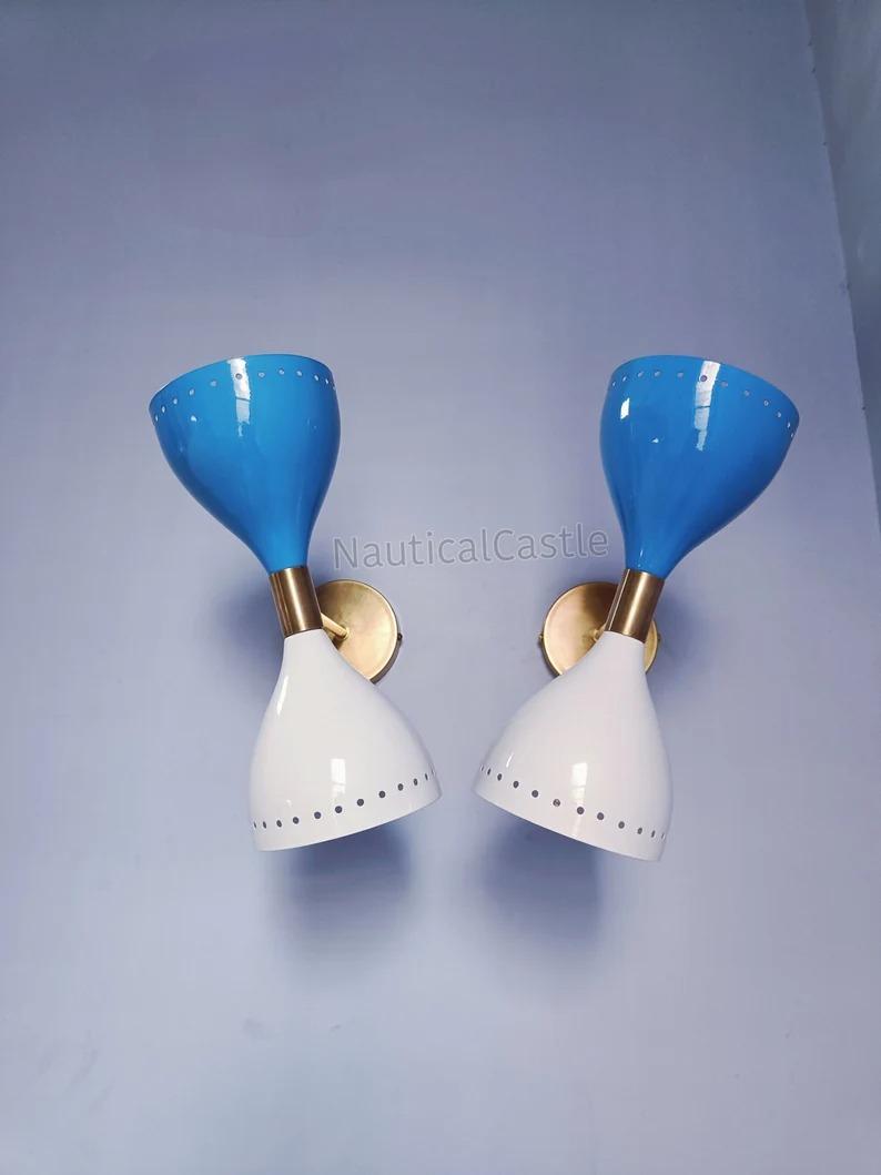 

Brass Diabolo Wall Sconce Pair: Mid Century Italian Wall Lights синій