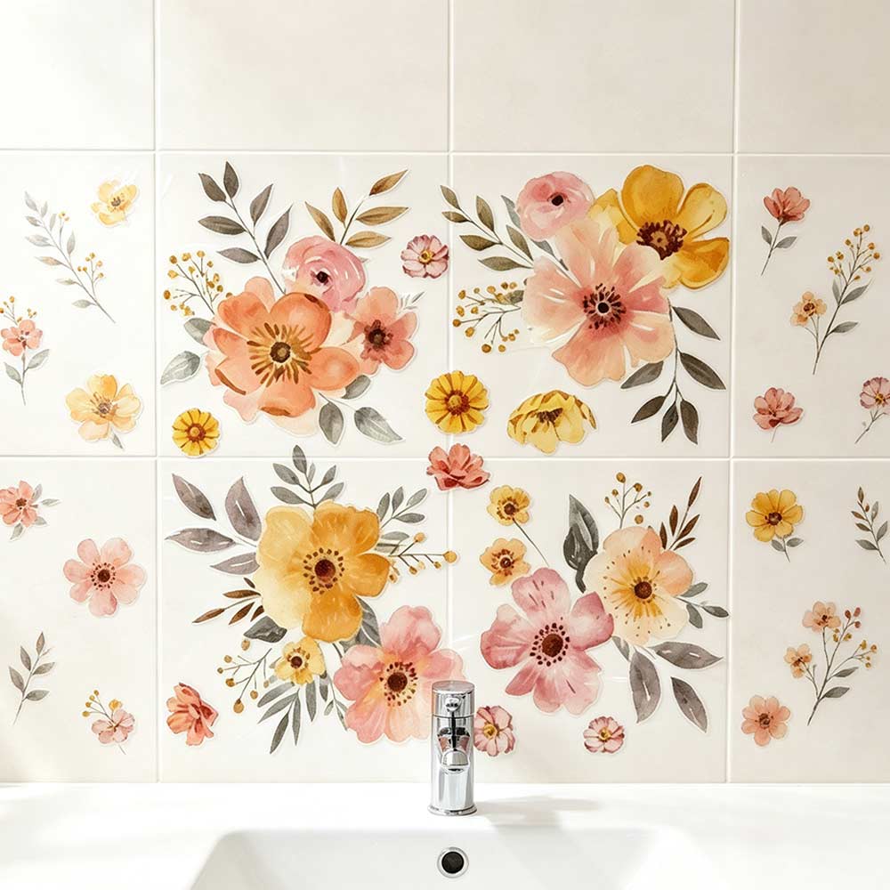 Self-Adhesive Bathroom Stickers Floral Design Ceramic Tile Stickers Flower Washbasin Sticker  Wall