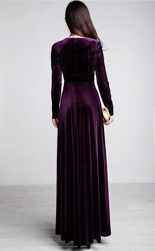 Platinum Liberty long perfect for parties and dance Velvet dress size V-neck, high-waisted, empire-waisted, maxi-length dress, halls. (purple, L).