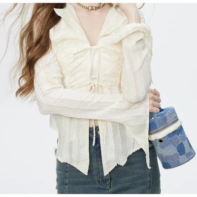 Elegant Slim Fit Lace Up Blouse Women Long Sleeve Spring Women Shirt Turn-down Collar Ladies Tops Korean Fashion Chic Blouses 30350