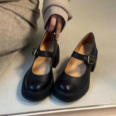 Schafsleder-Version~ Mary Jane Schuhe mit runder Spitze und hohem Absatz, Damenleder-Einwortschnalle, leichte Mündung, Einzelne Schuhe, dicker Absatz, Retro-Kleine Lederschuhe