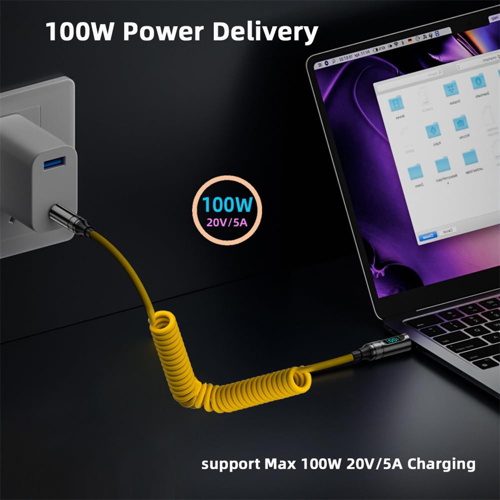 Cablecc 20Gbps To USB4 Smart LED Display Stretch Coiled 100W for Male To Power Data 180CM USB-C Cable, 8K, Laptops, Disks, Phones, Type-C Male, &