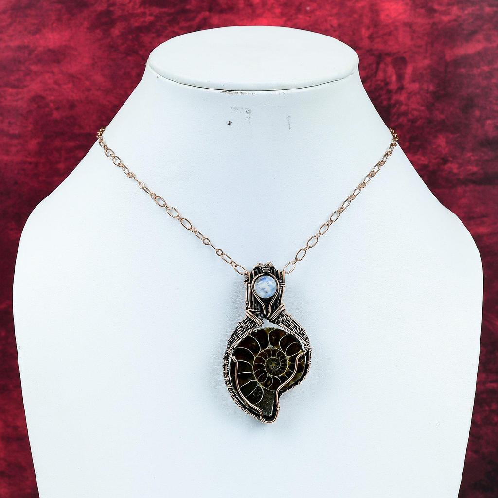 Ammonite Fossil Pendant Copper Wire Wrapped Pendant Rainbow Moonstone Pendant Gemstone Copper Wire Jewelry Anniversary Gift Handmade Pendant