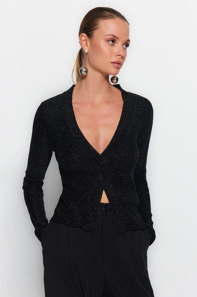 Women's Fashionable Stylish Sweater Black Glitter Slit Detailed Knitwear Sweater