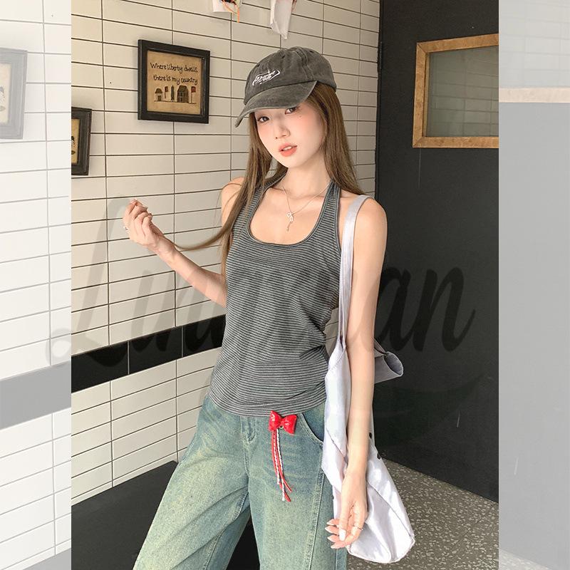 2026 Summer Slim-Fit Striped Halter Tank Top, Sleeveless U-Neck Large