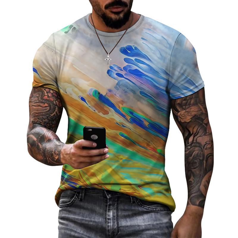 Summer Round Neck 3D Vibrant Ethnic Print Top Fashionable Casual Short Sleeved Men's T-shirts