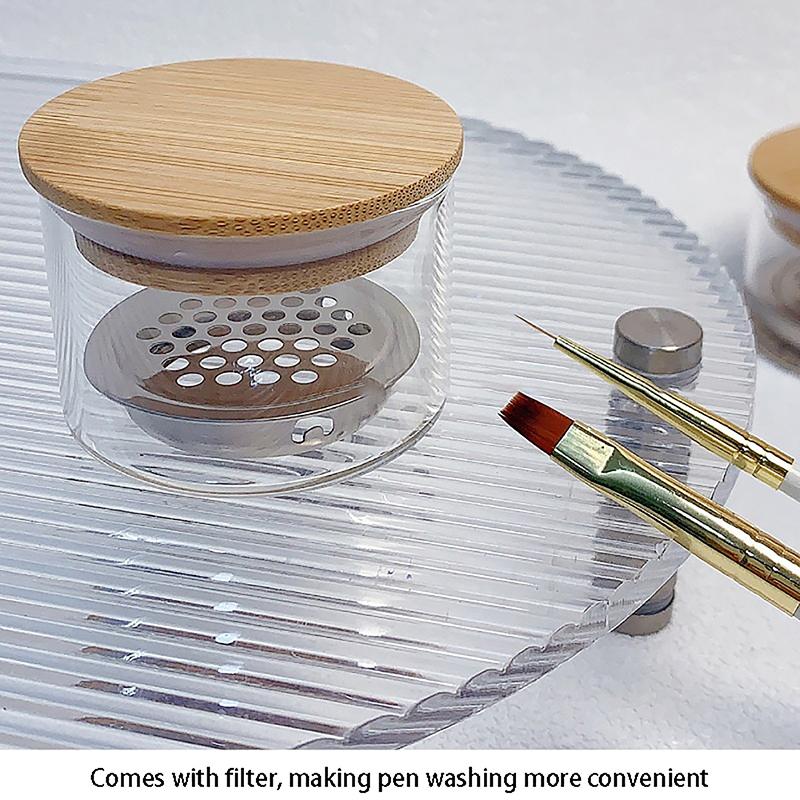 1 Stück Glas Nagelbecher Puder Flüssigkeit Pinsel Schüssel Halter Behälter Ausrüstung Nagelstudio Werkzeug Mit Holzdeckel Nagelkunst Werkzeug Reinigungsbecher