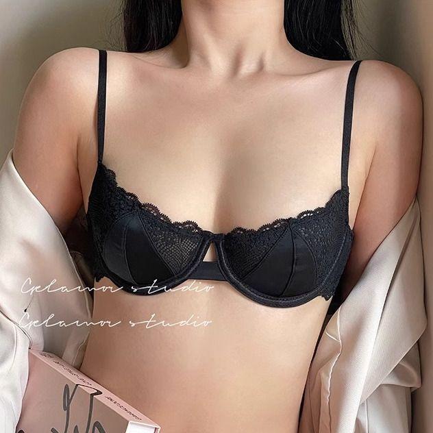 French Coquette Lace Soft Underwire Bra Set, Half Cup Push Up Back Beauty Small Bust Women Lingerie Set