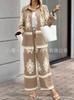 Women Printed Two Piece Outfit Lapel Long Sleeve Shirt & Elastic Waist Wide Leg Pants Casual Matching Set Fall Tracksuit