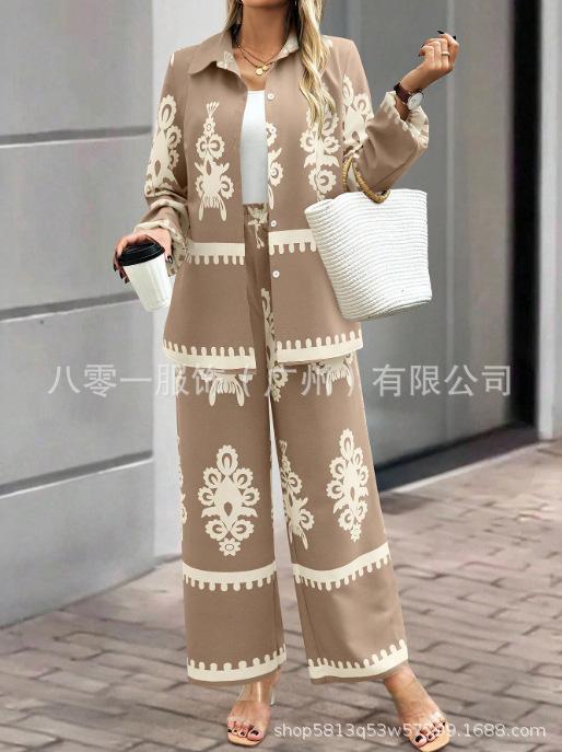 Women Printed Two Piece Outfit Lapel Long Sleeve Shirt & Elastic Waist Wide Leg Pants Casual Matching Set Fall Tracksuit
