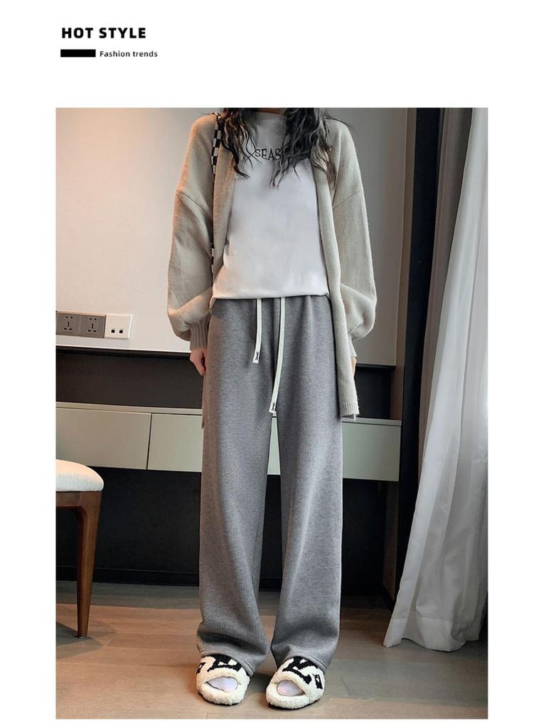Women's High-Waist Fleece-Lined Wide-Leg Pants - Soft, Knitted, Loose-Fit for Autumn/Winter.