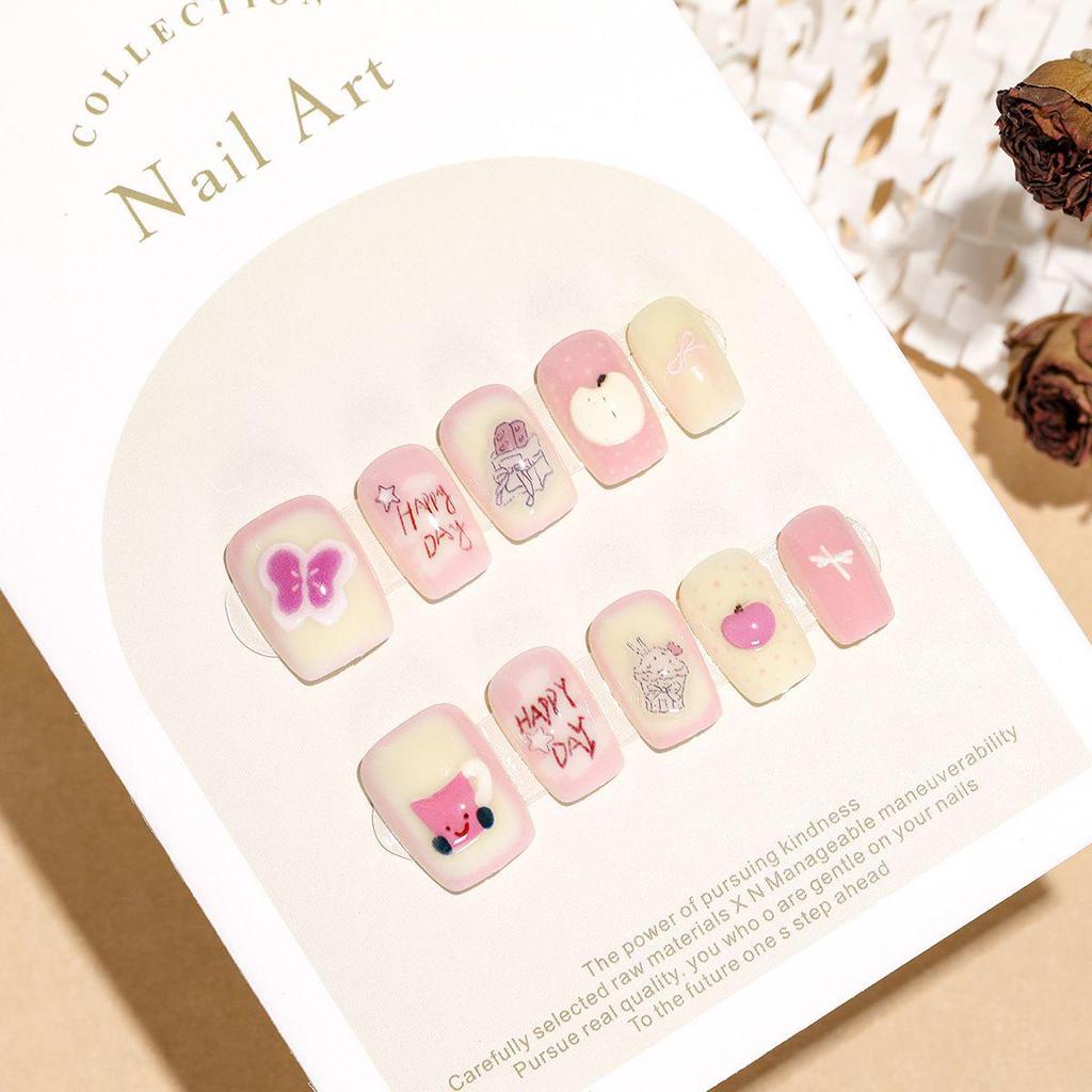 Sweet Pink Wearable Nails - Stereoscopic Ins Style with Fresh White Enhancements