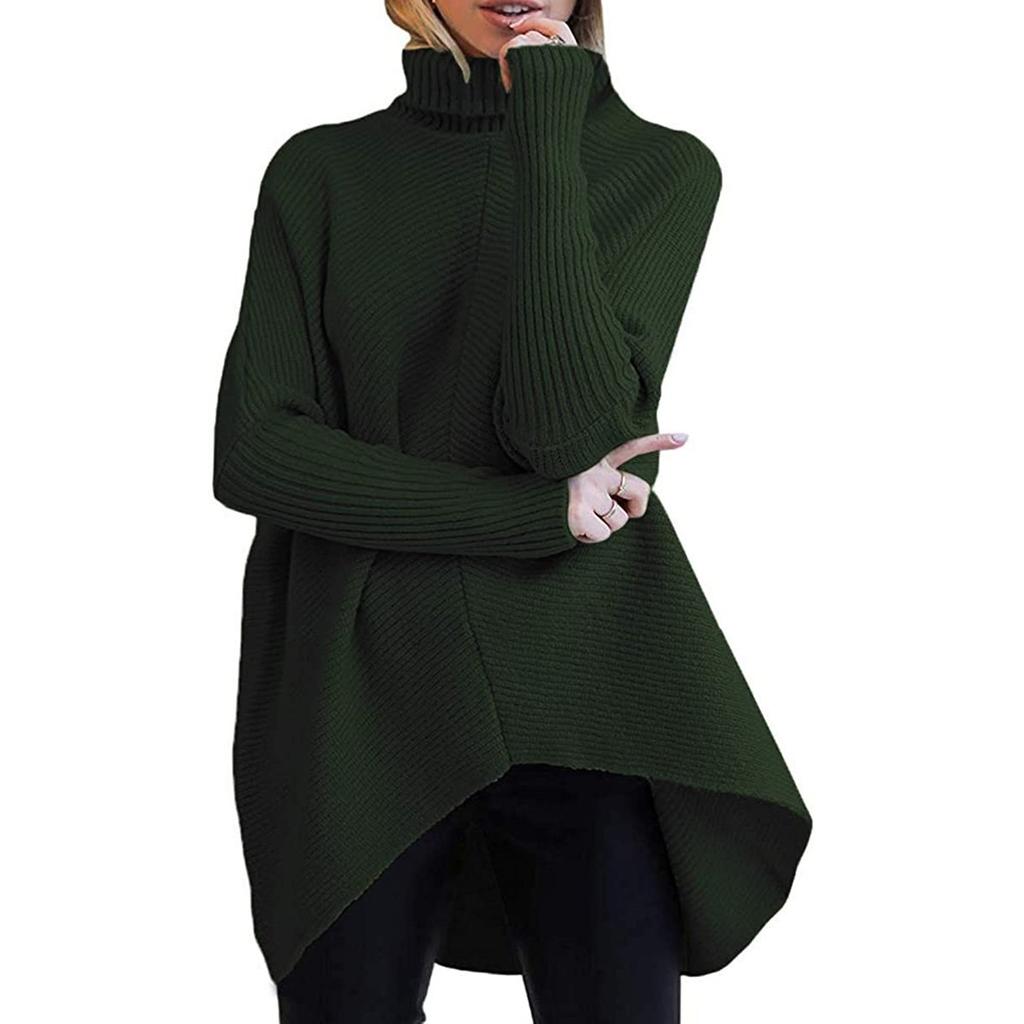 Damen-Pullover, lockerer, einfarbiger, unregelmäßiger Saum, Stehkragen, langärmliger Strickpullover