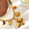 Fashionable Resin Beaded Necklace With Floral Sun Pendant Stainless Steel Neck Chain Retro Jewelry For Her