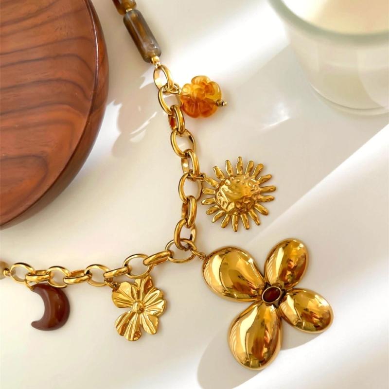 Fashionable Resin Beaded Necklace With Floral Sun Pendant Stainless Steel Neck Chain Retro Jewelry For Her