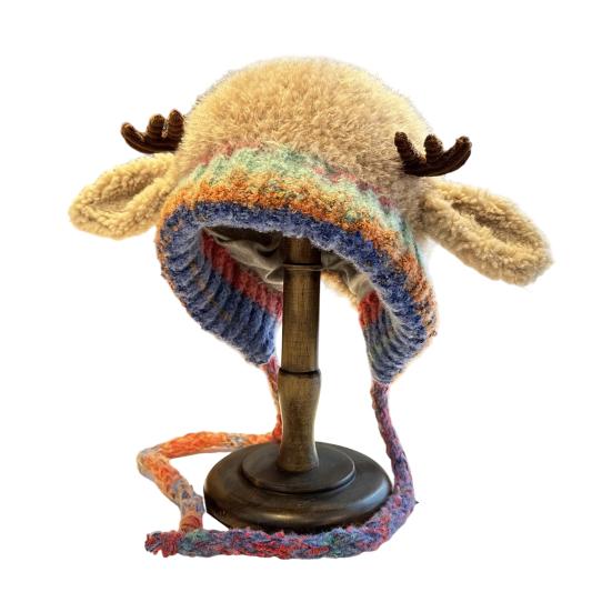Christmas Deer Hat Handbag 2-in-1 Knitted Reindeer Cap Windproof Foldable Lightweight Packable Knit Hat Winter Travel Accessory