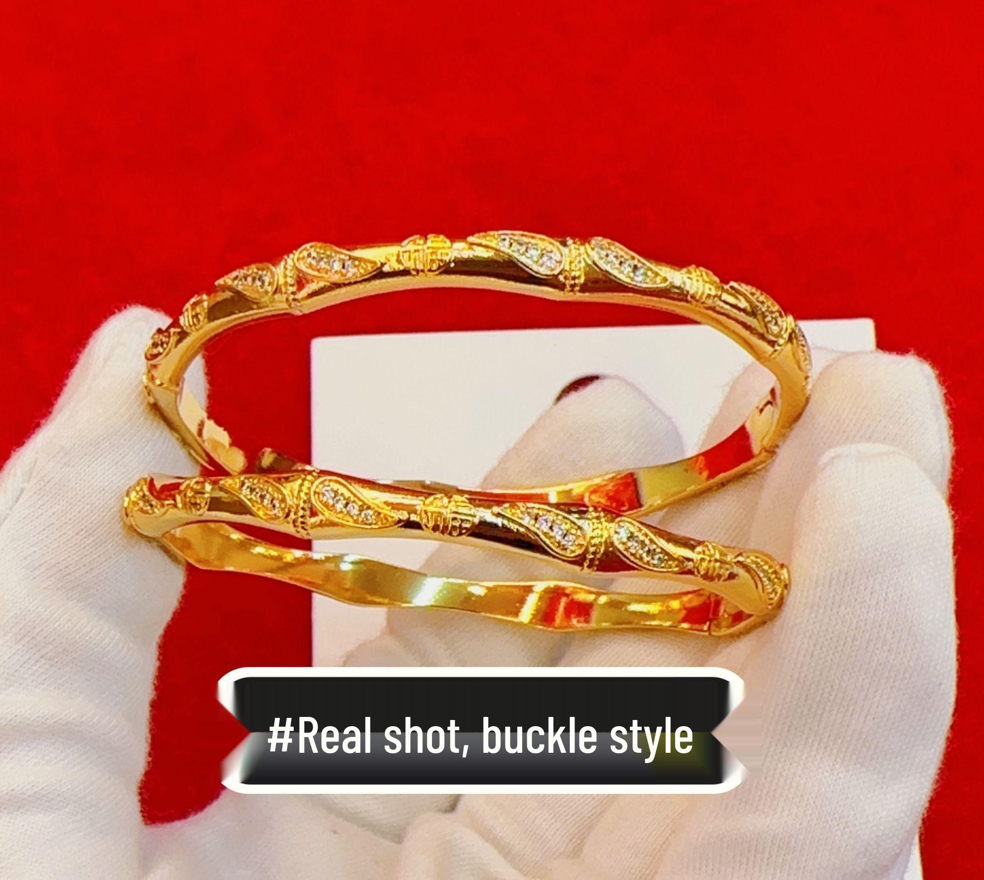 Вьетнамский позолоченный бамбуковый браслет-манжета со стразами и иероглифом Фу - Элегантное женское украшение