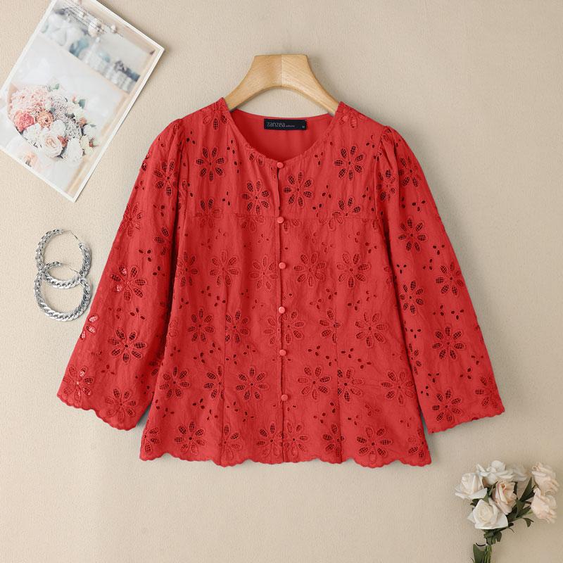 

ZANZEA Women Casual Round Neck 3/4 Sleeve Patchwork Lace Blouse 4XL красный