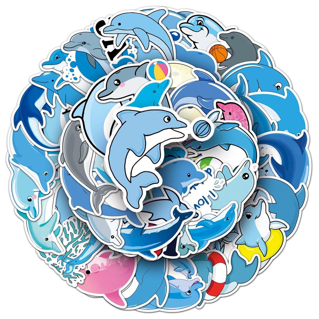 Dolphin & Marine Life Cartoon Stickers - Waterproof Decoration for Cups, Journals, and Luggage (50 Pieces)