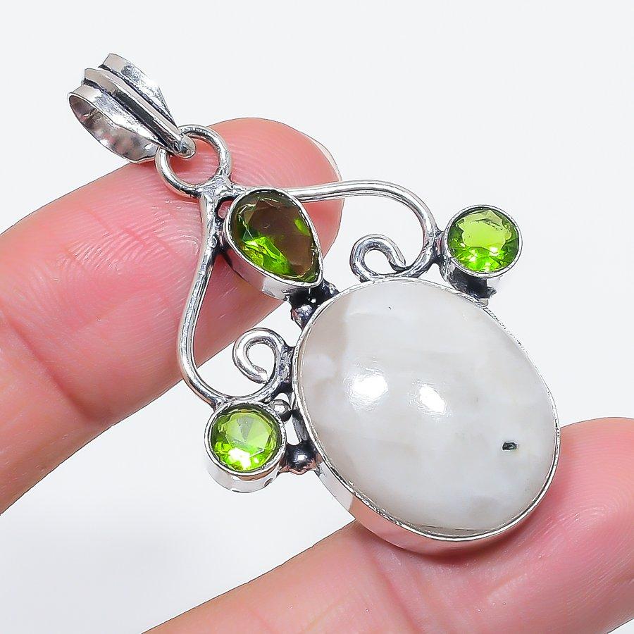 Natural Moonstone, Peridot 925 Sterling Silver Jewelry Pendant 2.09" U1F36