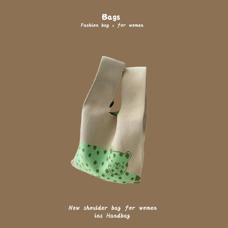 Ins Trendy Handbag Women'S Knitted Wool Bucket Bag Hand Carry Casual Tote Bag Box Lunch Bag