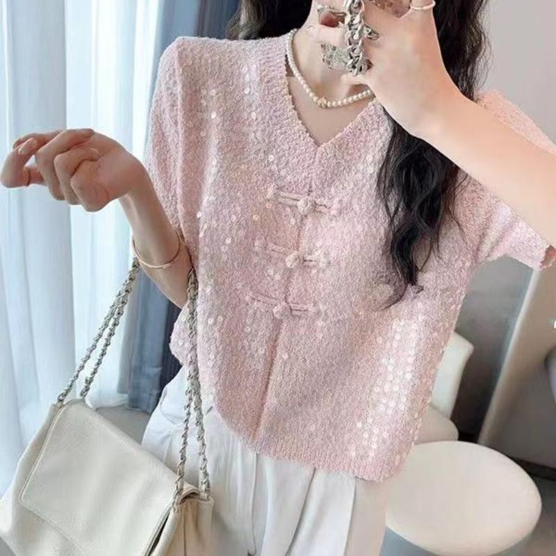 Summer V-neck Design Knitted Sweater with Sequins Short Sleeved T-shirt Top Women's Small Shirt