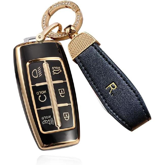SANRILY Goldrand 6-Tasten Schlüsselanhänger Hülle für Genesis GV70 2021 2022 G90 G70 G80 GV80 Keyless Vollschutz Schlüsselanhänger Hülle mit Leder Schlüsselanhänger