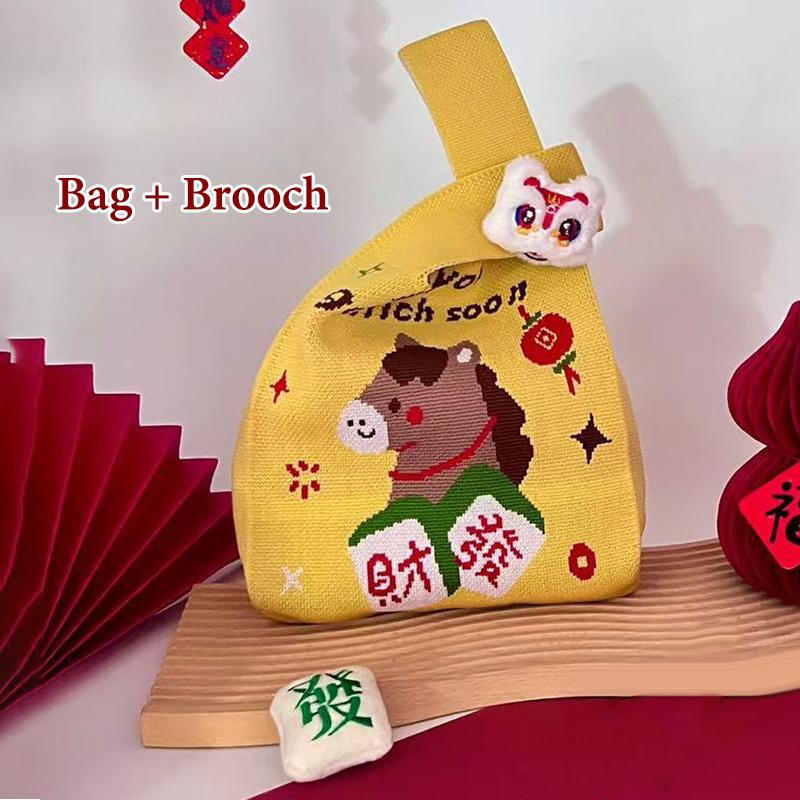2026 New Year Cartoon Mascot Pony Knitted Gift Bag Handheld Candy Bag Large Capacity Knot Wrist Bag Cute Reusable Shopping Bags