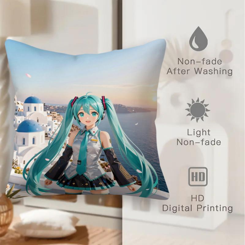 Hatsune Miku Santorini Sunset Throw Pillow With Core Anime Girl Cushion For Gaming Room Teens Room Sofa Bedroom Decor Fans Gift