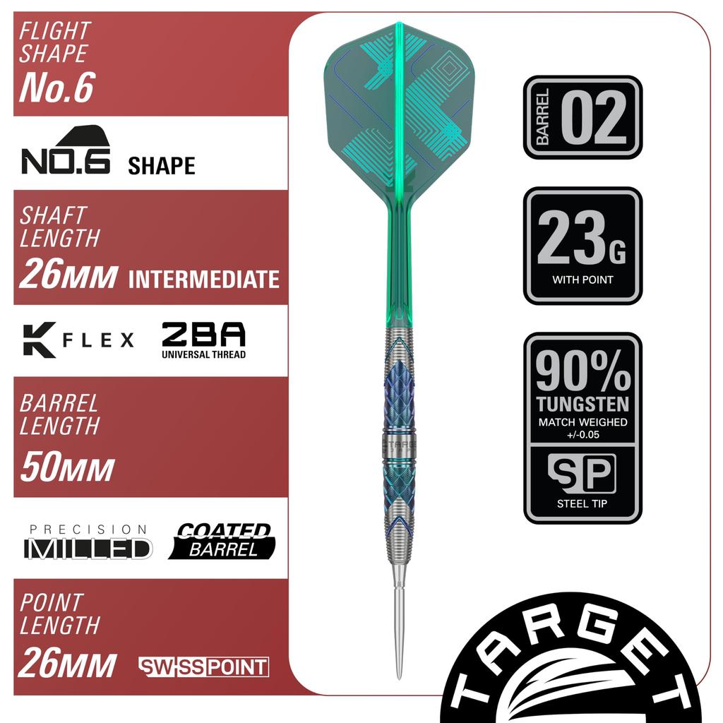 Target Japan KAZE ZERO 02 90% Tungsten Steel Tip Darts Set 23g K-Flex No.6 Flights Swiss Storm Tip 26mm & LNC Tip 30mm Barrel Length 50mm