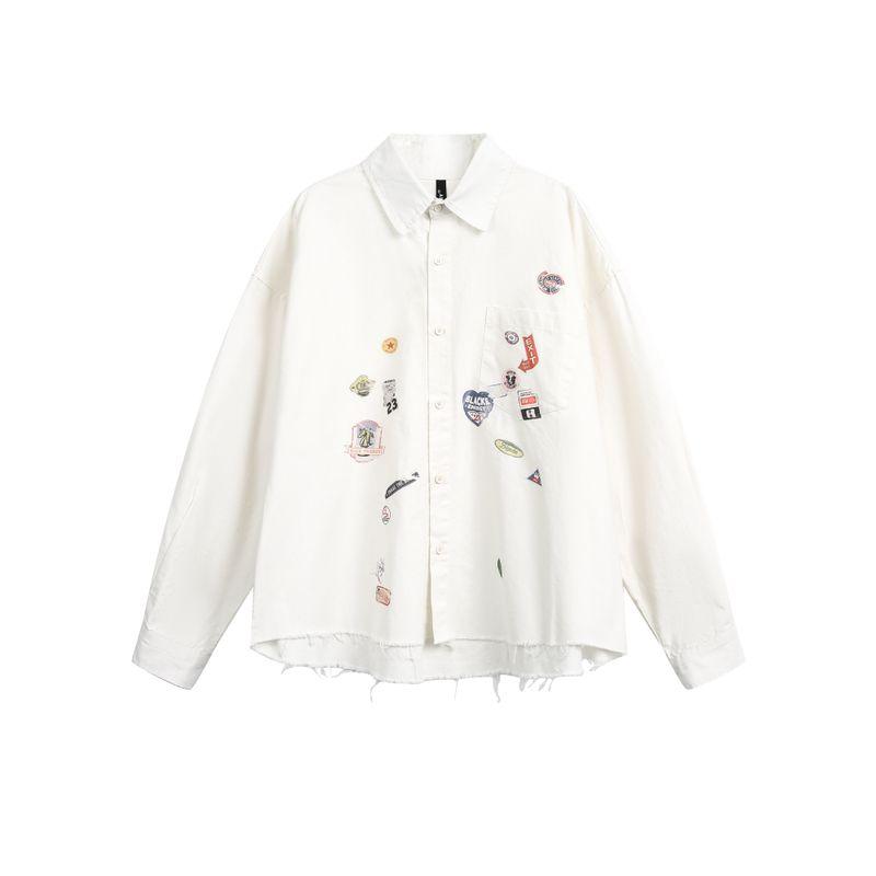 Kisko Design-Inspired American-Style Sticker Print Frayed Long-Sleeve Shirt for Men and Women, Trendy Brand, Cool and Loose-Fitting Shirt Jacket