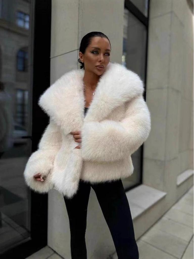 Women's Fluffy Faux Fur Lapel Coat - Casual Fox Fur Jacket