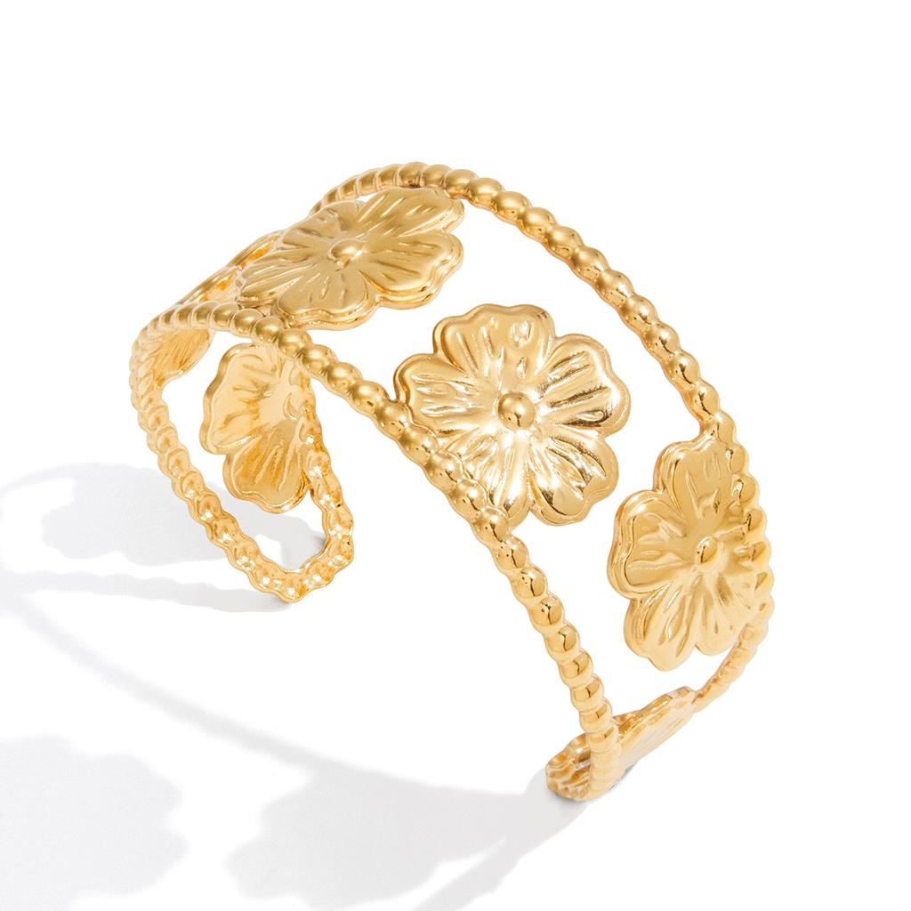 Yori Waterproof Stainless Steel Flower Hollow Wide Open Bracelet Bangle 18K Gold Plated Fashion Women Trendy Jewelry Bijoux